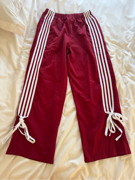 Pants - Wide-Leg Burgundy Track Pants with White Side Stripes